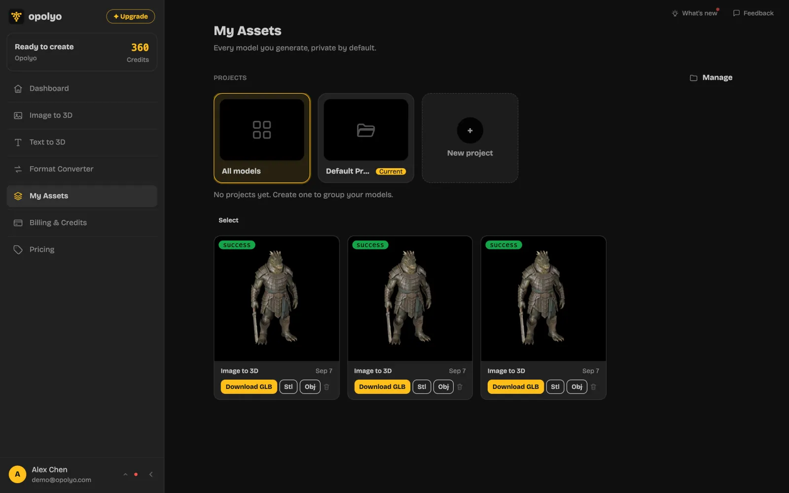 The asset library with models grouped by project