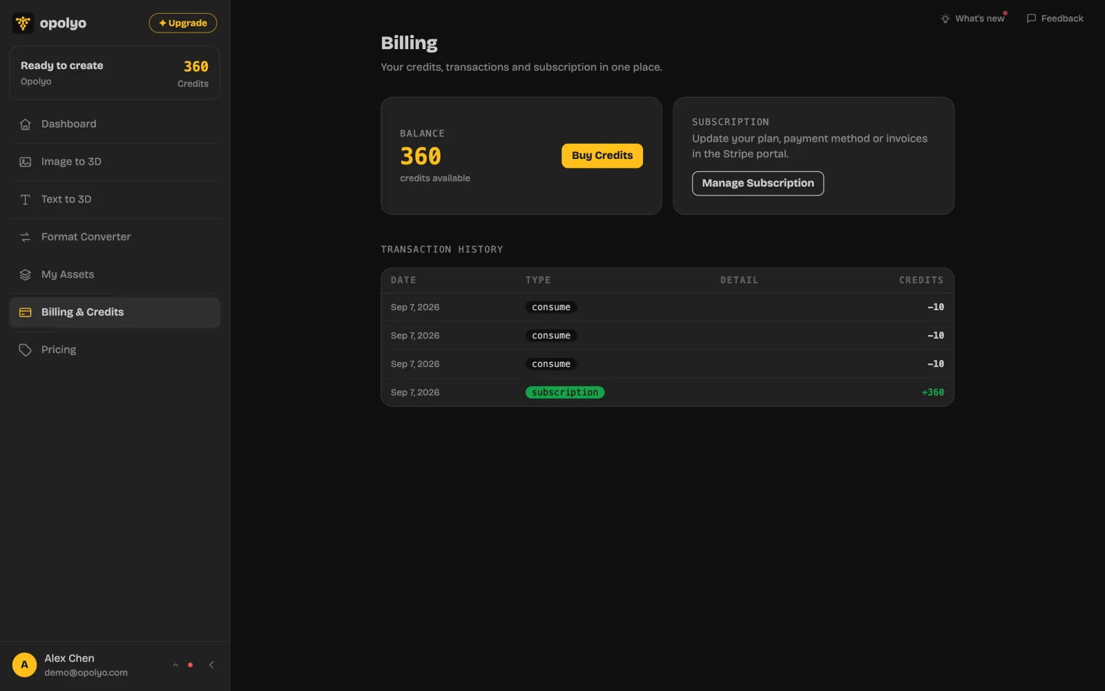 Credit and billing information in the Opolyo app