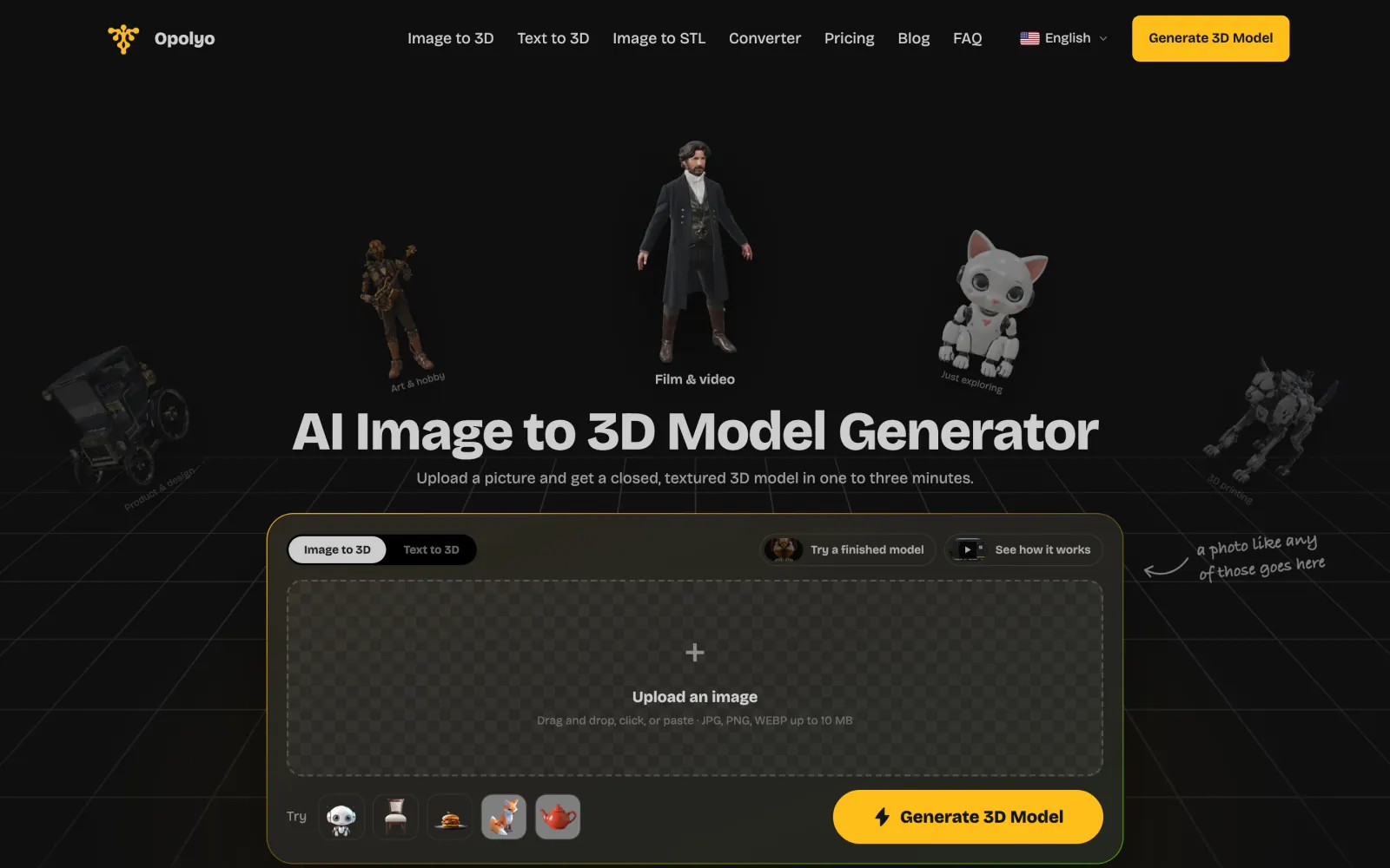 The Opolyo home page with options for creating and converting 3D models