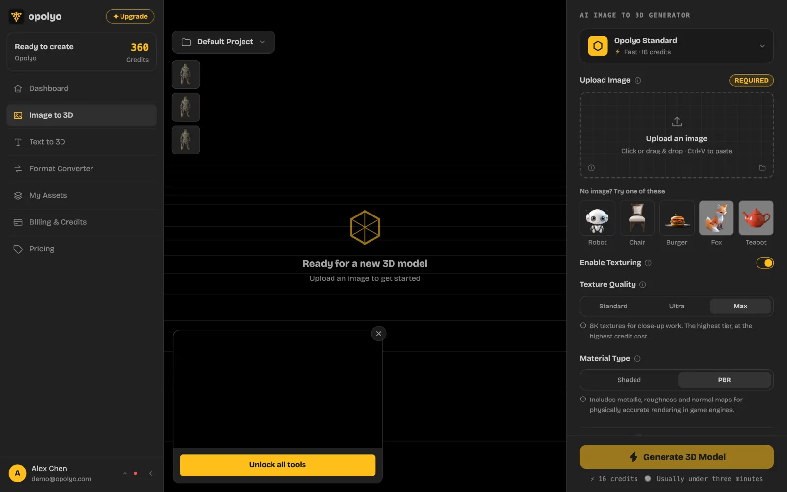 The Image to 3D workbench ready for an image upload