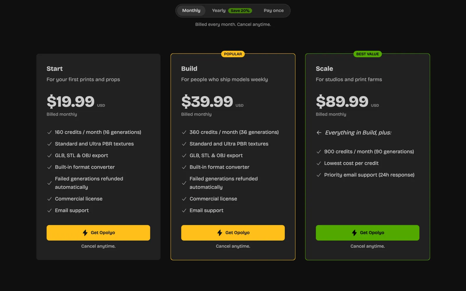 Start, Build, and Scale subscription plans on the pricing page