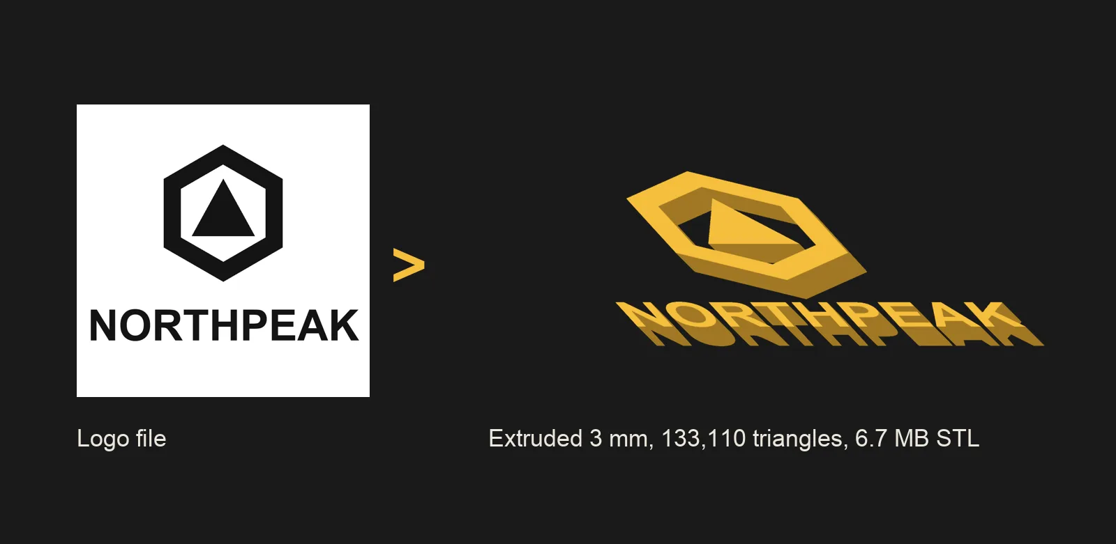 A flat logo file on the left and the same logo extruded into a 3 mm thick 3D printable shape on the right