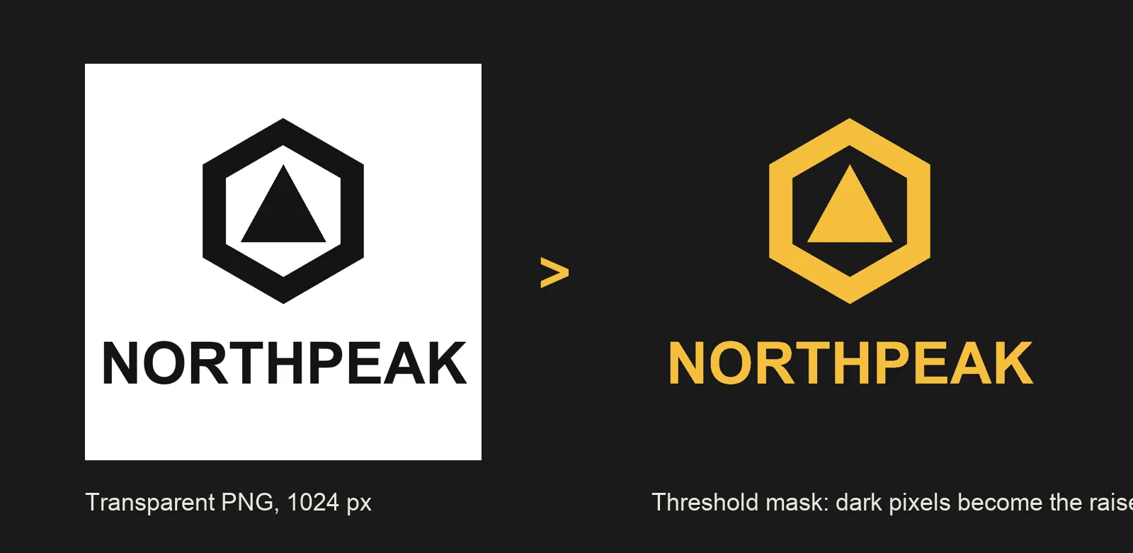 A sample logo as a transparent PNG next to its threshold mask, where the dark pixels become the raised shape