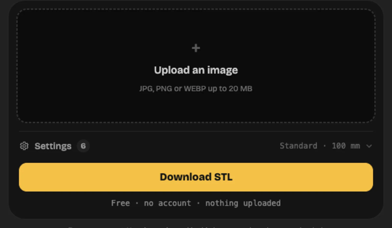 The Opolyo image to STL converter: an upload box for JPG, PNG or WEBP up to 20 MB, a settings row and a Download STL button