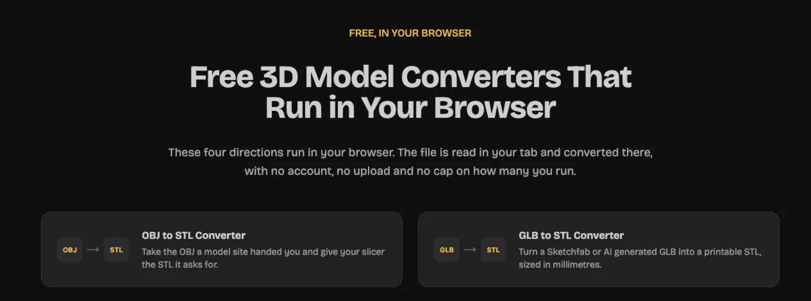 Opolyo's free browser converters: OBJ to STL, GLB to STL and two more directions that run in the browser tab