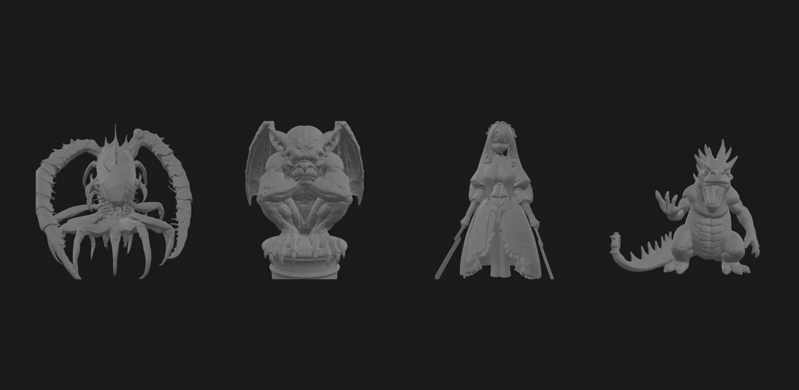 Four AI generated models shown as bare grey meshes with the textures removed: a creature, a gargoyle, a figure and a dragon