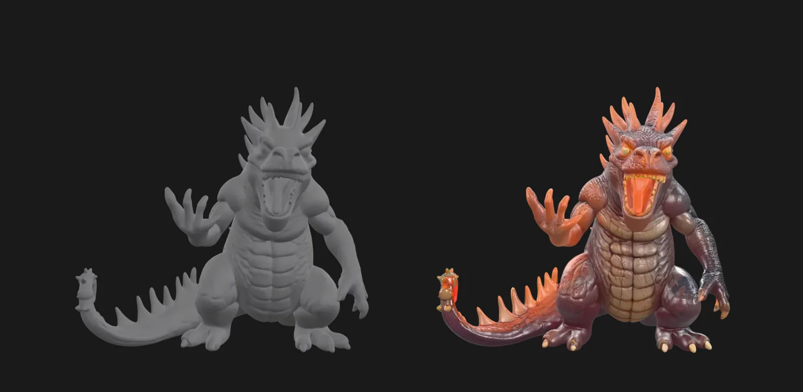 A dragon model generated from one image, shown as a bare mesh and with textures