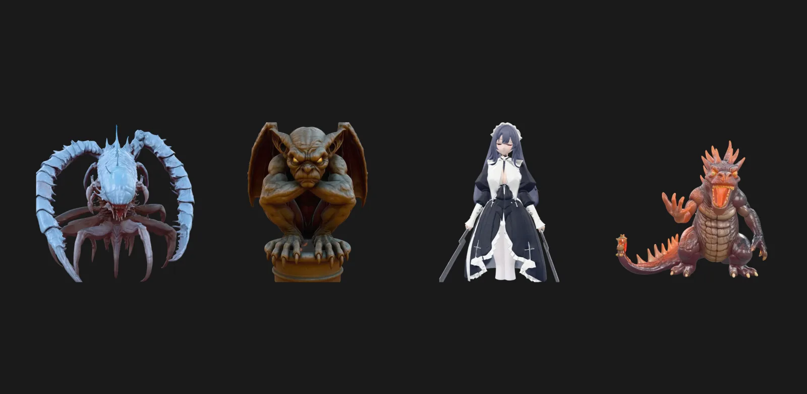 Four AI generated models with textures: a creature, a gargoyle, an armoured figure and a dragon