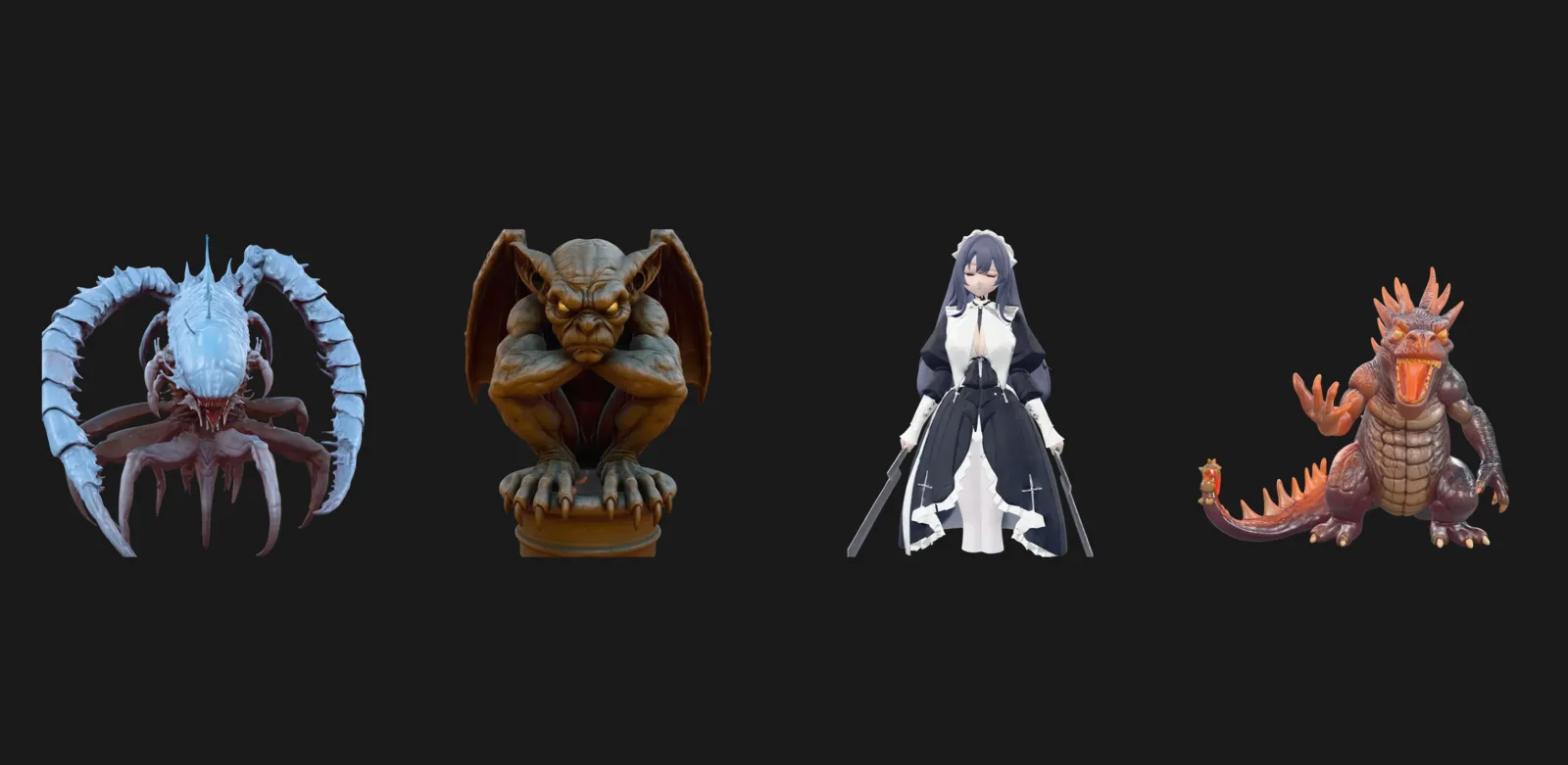 Four AI generated 3D models side by side, a creature, a gargoyle, a figure and a dragon