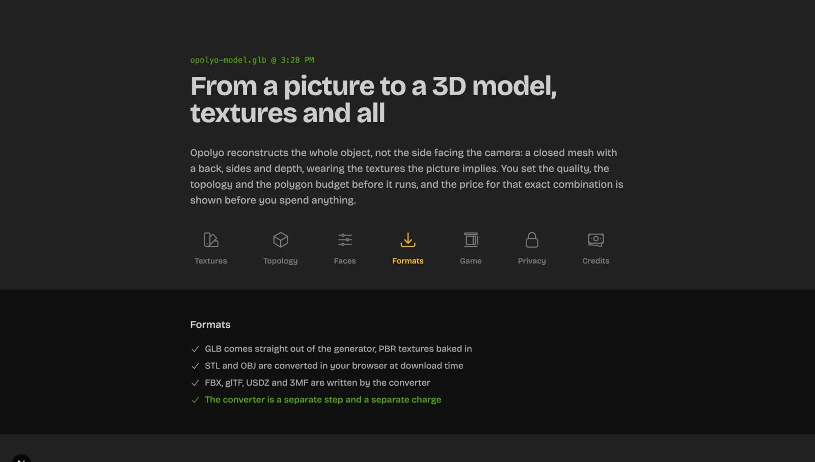 The settings available before a generation runs: texture quality, topology, face limit and export formats
