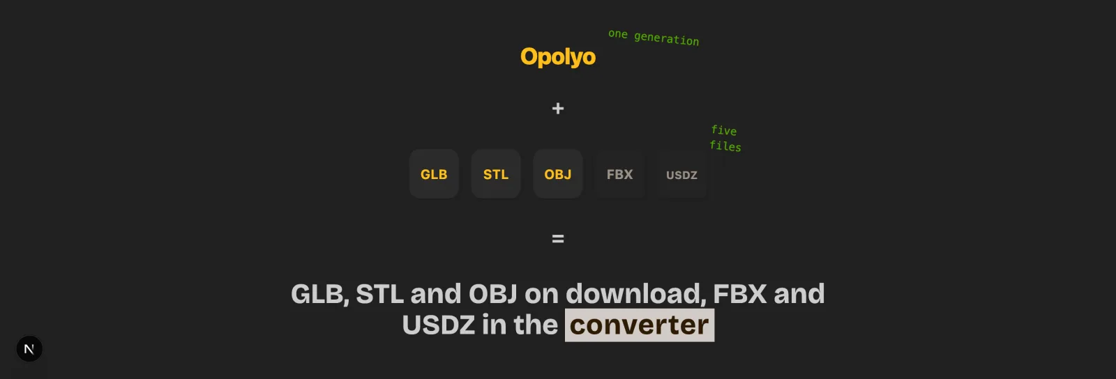 One generation and the five file formats it turns into: GLB, STL, OBJ, FBX and USDZ