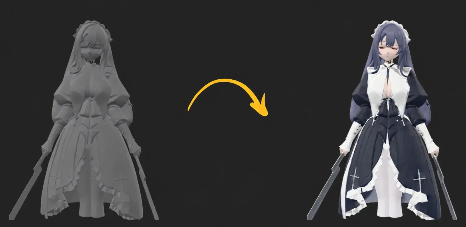 One reconstruction shown twice, the bare mesh on the left and the textured version on the right, with an arrow between them