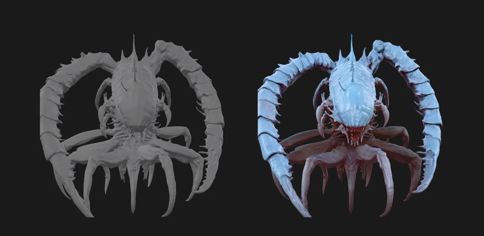 A textured AI generated creature model beside its bare mesh
