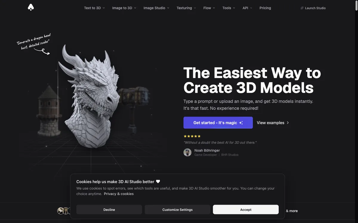 3D AI Studio homepage showing text and image to 3D tools