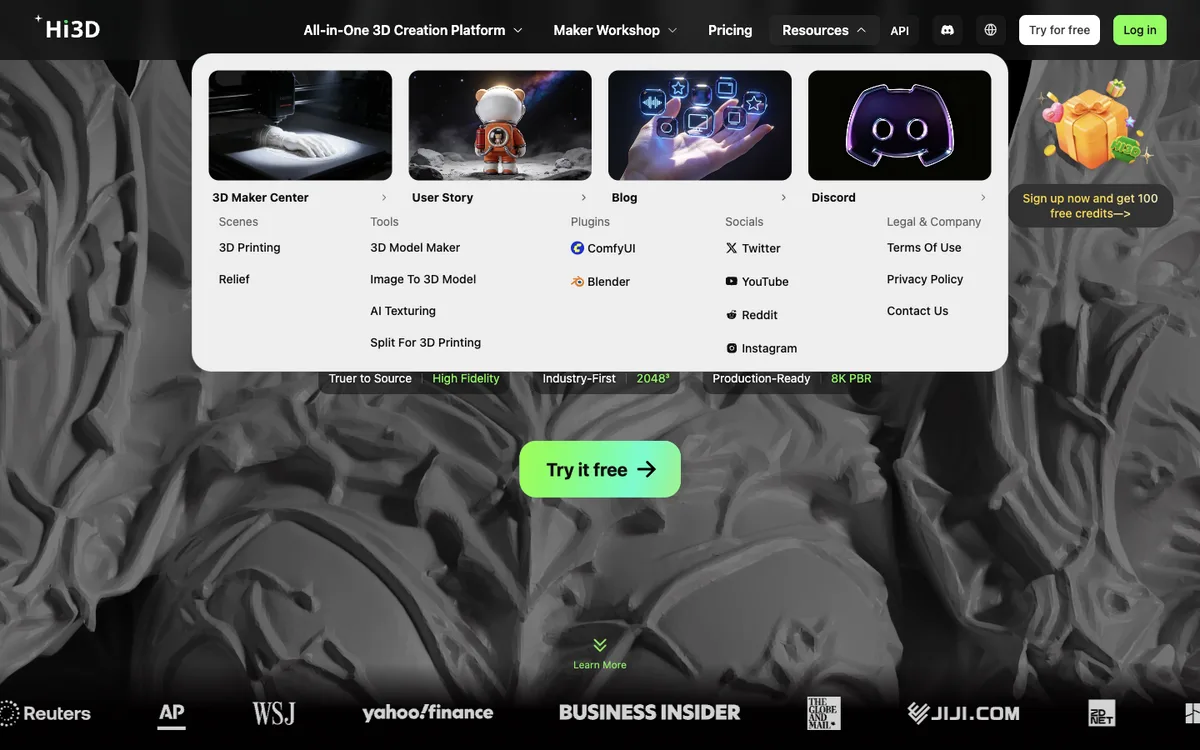 Hitem3D homepage showing image to 3D and print preparation features
