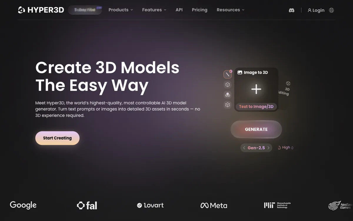Hyper3D homepage showing the Rodin image to 3D workflow