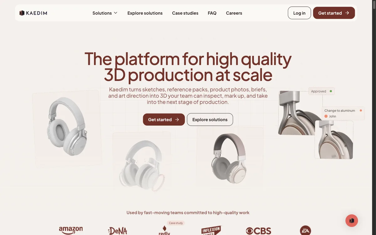 Kaedim homepage showing a team review and 3D asset production workflow