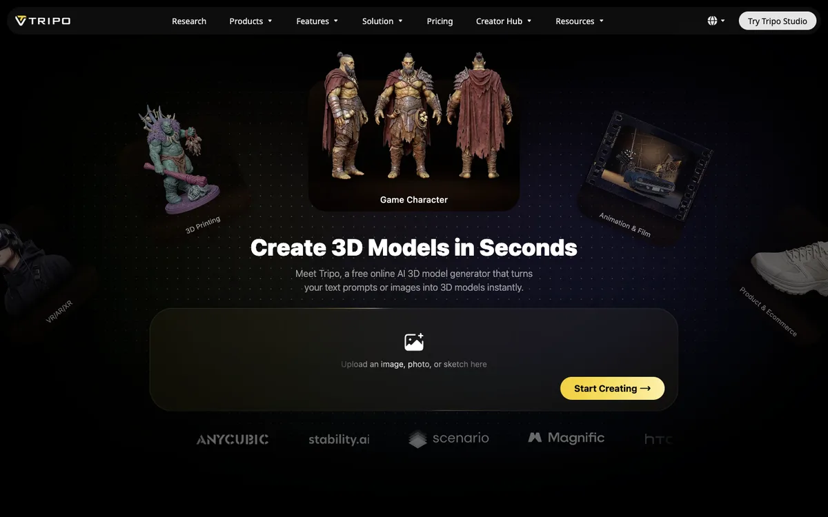 Tripo AI homepage showing image to 3D creation tools