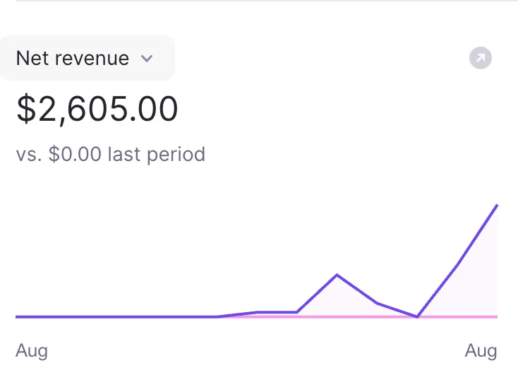 The customer's payment dashboard, a net revenue panel reading $2,605.00 with $0.00 for the comparison period